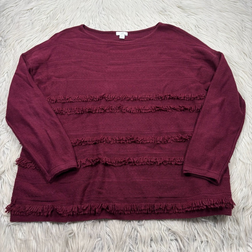 J. Jill Women's XS Relaxed Burgundy Fringe Stripe Pullover Sweater Boho Cotton
